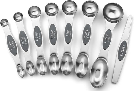 Spring Chef Stainless Steel Magnetic Measuring Spoons Set of 8 with Leveler, Dual Sided Metal Teaspoon & Tablespoon Measuring Spoons - Kitchen Gadgets For Baking and Cooking, Gray