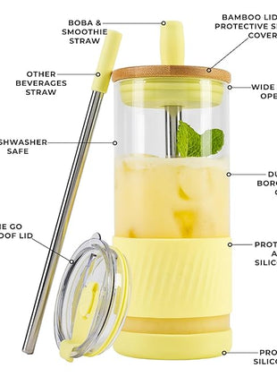 Pandaloo® Glass Cups With Lids and Straws -20 Fl Oz- Perfect Size Iced Coffee Cup - Smoothie Cup With Bamboo Lid and On the go Lid (Sunny Lime, 1 Count (Pack of 1)