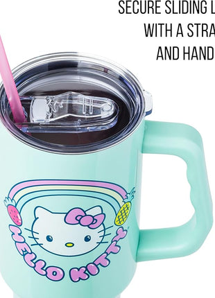 Silver Buffalo Sanrio Hello Kitty Kawaii Strawberry, Pineapple, and Rainbows Stainless Steel Tumbler with Handle and Straw, Fits in Standard Cup Holder, 40 Ounces (Pack of 12)