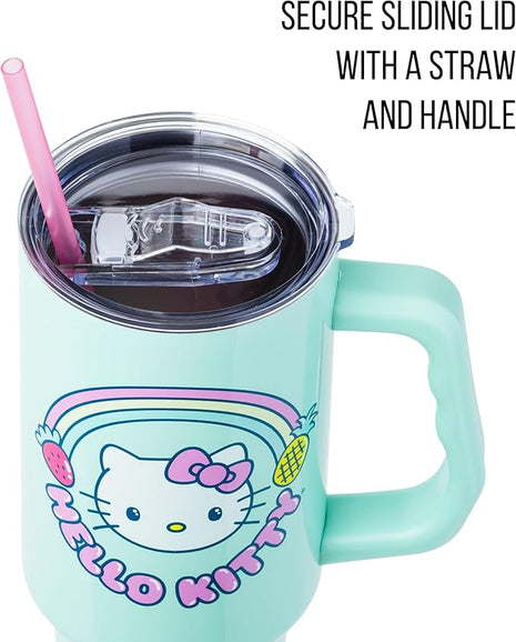 Silver Buffalo Sanrio Hello Kitty Kawaii Strawberry, Pineapple, and Rainbows Stainless Steel Tumbler with Handle and Straw, Fits in Standard Cup Holder, 40 Ounces