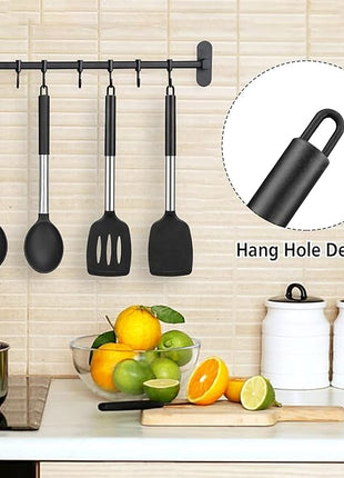 Pack of 4 Large Silicone Cooking Spatulas and Spoons, Slotted and Solid Stainless Steel Cooking Utensils Set, Non-stick Heat Resistant Kitchen for Baking, Fried, Stir-Fry, Mixing, Serving (Black)