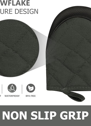 1 Pair Short Oven Mitts, Heat Resistant Silicone Kitchen Mini Oven Mitts for 500 Degrees, Non-Slip Grip Surfaces and Hanging Loop Gloves, Baking Grilling Barbecue Microwave Machine Washable (Gray)