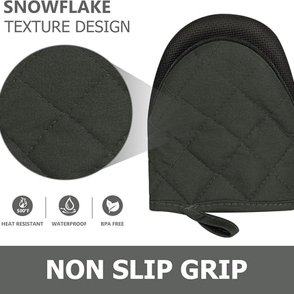 1 Pair Short Oven Mitts, Heat Resistant Silicone Kitchen Mini Oven Mitts for 500 Degrees, Non-Slip Grip Surfaces and Hanging Loop Gloves, Baking Grilling Barbecue Microwave Machine Washable (Gray)