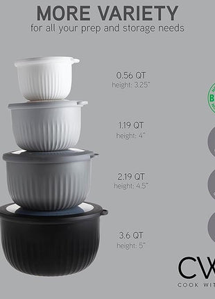 COOK WITH COLOR Prep Bowls with Lids- Wide and Deep Nesting Plastic Small Mixing Bowl Set with Lids, 8 Piece Set - Deep Bowls, Black/White
