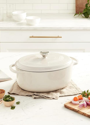 Lodge 7 Quart Enameled Cast Iron Oval Dutch Oven with Lid – Dual Handles – Oven Safe up to 500° F or on Stovetop - Use to Marinate, Cook, Bake, Refrigerate and Serve – Oyster White