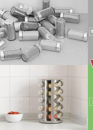 New England Stories Revolving Spice Rack Set with 20 Spice Jars, Kitchen Spice Tower Organizer for Countertop or Cabinet - Carousel Storage Includes 386 Spice Labels (Silver)
