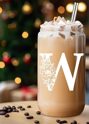 Coolife Initial Glass Cup, Monogrammed Gifts for Women, 16 oz Glass Cups w/Lids Straws, Iced Coffee Smoothie Beer Tumbler w/Straw Lid - Personalized Christmas, Birthday Gifts for Her Mom Friend Woman