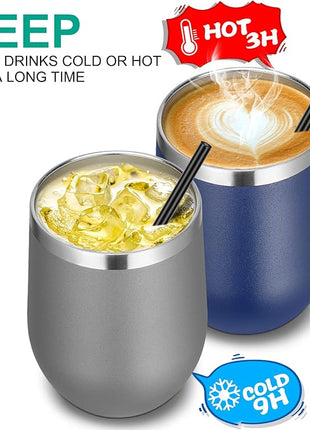 VEGOND Wine Tumblers Bulk 12 Pack, 12oz Stainless Steel Stemless Wine Glass with Lids and Straws, Double Wall Vacuum Insulated Tumbler Cup, Coffee Mug for Cold Hot Drinks