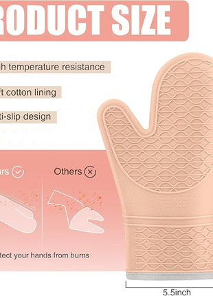 Silicone Oven Mitts, Heat Resistant 2PCS Oven Mitts with Soft Cotton Lining, Waterproof Non-Slip Grip Oven Glove, Kitchen Potholder Mits for BBQ, Baking, Cooking, 12.5 Inch - Pink
