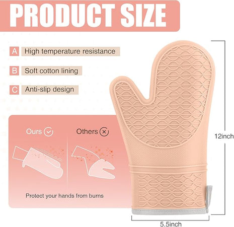 Silicone Oven Mitts, Heat Resistant 2PCS Oven Mitts with Soft Cotton Lining, Waterproof Non-Slip Grip Oven Glove, Kitchen Potholder Mits for BBQ, Baking, Cooking, 12.5 Inch - Pink