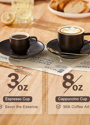 Lareina 8 Ounce Porcelain Cappuccino Cups Set of 4, Stackable Coffee Cups with Saucers, Spoons and Metal Stand -for Specialty Coffee Drinks, Cappuccino, Latte, Americano and Tea, Black