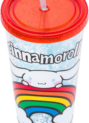 Silver Buffalo Sanrio Hello Kitty and Friends Cinnamoroll Rainbow Plastic Confetti Cold Cup with Lid and Straw, 32 Ounces