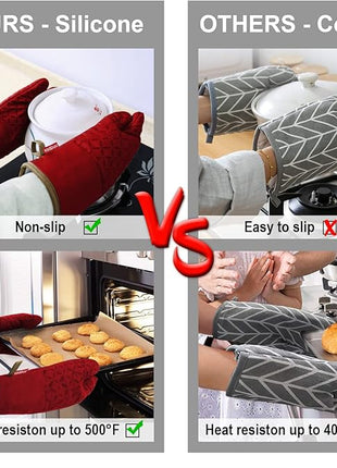 KEGOUU Oven Mitts and Pot Holders 6pcs Set, Kitchen Oven Glove High Heat Resistant 500 Degree Extra Long Oven Mitts and Potholder with Non-Slip Silicone Surface for Cooking (Red)