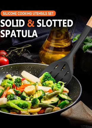 Pack of 2 Silicone Spatula, Non Stick Cooking Utensil Set Wooden Handle Kitchen Turner for Baking Mixing Grilling Serving Food Heat Resistant Non Scratch Hooks Included (Black)