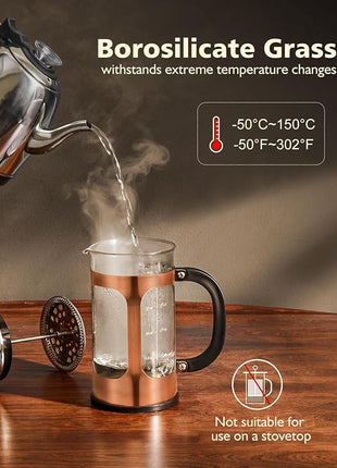 BAYKA 34oz 1 Liter French Press Coffee Maker,Mothers Day Gifts for Mom,Coffee Lover Gift,Heat Resistant Thickened Borosilicate Glass Stainless Steel Brewer,Cold Brew Cafetera Teapot for Kitchen,Copper