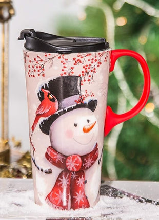 Topadorn Christmas Ceramic Travel Mug Porcelain Coffee Cup with Spill-proof Lid and Gift Box for Holiday,Snowman&Cardinal