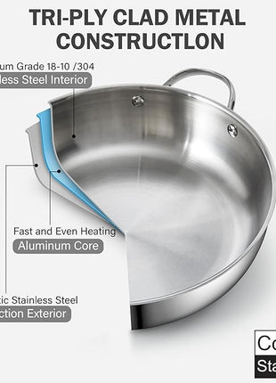 Cooks Standard Multi-Ply Clad Stainless Steel Wok Stir Fry Pan with Glass Lid, 12-inch large Stainless Steel Deep Frying Pan, Everyday Chef's Pan Flat Bottom Wok Induction Cookware