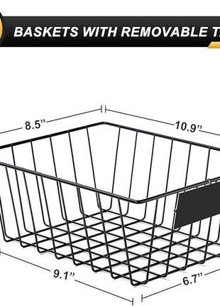 8 Pack Wire Storage Baskets for Organizing with Removable Tags, Pantry Organization Bins for Kitchen Cabinets, Closet - Metal Basket for Laundry, Garage, Refridge, Bathroom Countertop Organizer, Black