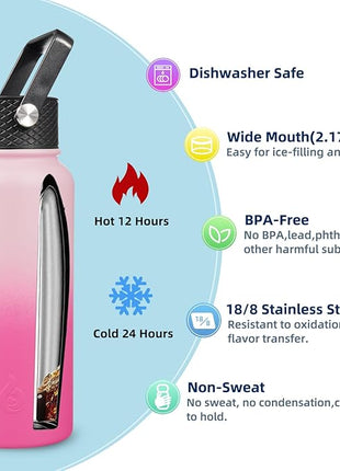 BJPKPK Insulated Water Bottles with Straw Lid, 32oz Metal Large Water Bottle with 3 Lids, Reusable Leak Proof BPA Free Thermo, Stainless Steel Tumblers for Sports, Gym, Travel-Cherry