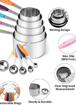 Joyhill Stainless Steel Measuring Cups and Spoons Set of 10 Piece, Nesting Metal Measuring Cups Set with Soft Touch Silicone Handles for Dry and Liquid Ingredients, Cooking & Baking (Colorful)