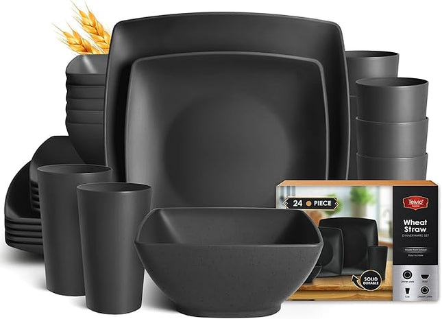 Teivio 24-piece Plastic Wheat Straw Square Dinnerware Set for 6, Unbreakable Dinner Plates, Salad Plates, Snack Bowls, Tumblers 13.5 oz, Dishwasher Safe, Outdoor Kitchen RV Dishes, Black