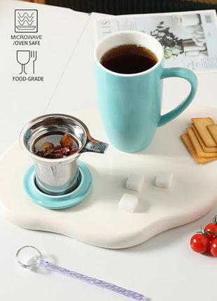 Sweejar Porcelain Tea Infuser Mug with Lid, 20 oz Teacup with Strainers for Loose Leaf Tea, Microwave and Dishwasher Safe Coffee Mug(Turquoise)