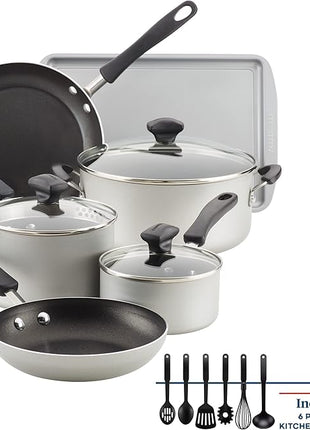 Farberware Cookstart DiamondMax Nonstick Cookware/Pots and Pans Set, Dishwasher Safe, Includes Baking Pan and Cooking Tools, 15 Piece - Silver