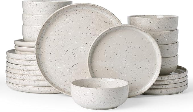 Famiware Meteor Plates and Bowls Sets, 24-Piece Stoneware Dinnerware Sets, Dishes Set for 8, Microwave and Dishwasher Safe Tableware, Creamy White