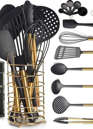 Black and Gold Kitchen Utensils Set with Stainless Steel Holder – 18-Piece Nylon Cooking Utensils with Measuring Cups and Spoons – Stylish Gold Kitchen Accessories for Baking and Cooking