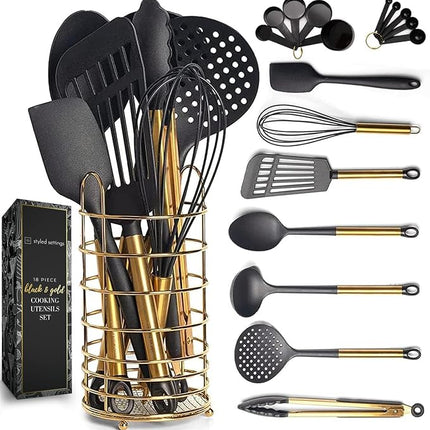 Black and Gold Kitchen Utensils Set with Stainless Steel Holder – 18-Piece Nylon Cooking Utensils with Measuring Cups and Spoons – Stylish Gold Kitchen Accessories for Baking and Cooking