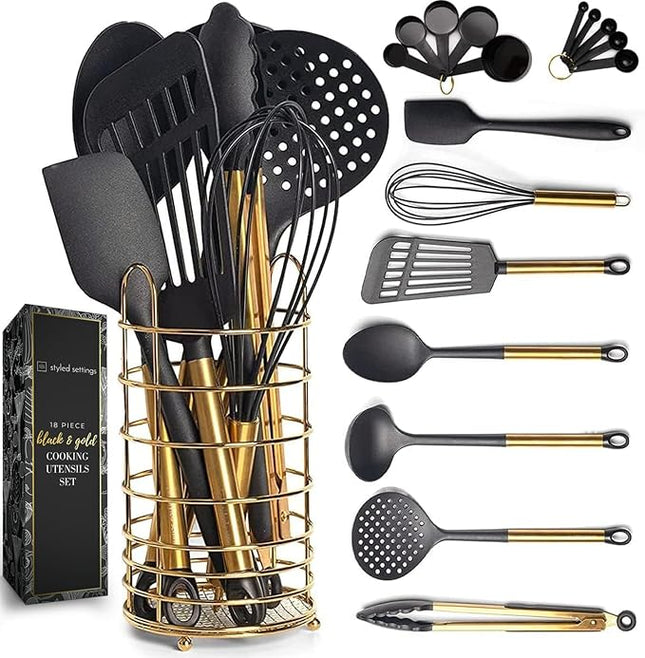 Black and Gold Kitchen Utensils Set with Stainless Steel Holder – 18-Piece Nylon Cooking Utensils with Measuring Cups and Spoons – Stylish Gold Kitchen Accessories for Baking and Cooking