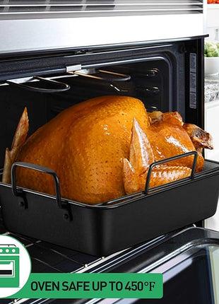 P&P CHEF 14" Roaster Roasting Pan with Baking Rack and V-shaped Rack, Stainless Steel Rectangular Lasagna Pan with Handles for Turkey Chicken, Healthy & Dishwasher Safe, 3 Pieces, Black