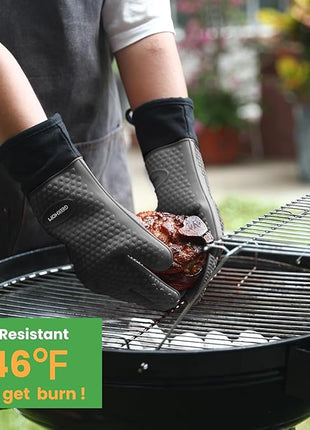 GEEKHOM BBQ Gloves Heat Resistant Oven Mitts - Silicone Grilling Gloves with 13.7" Arm Protection - Waterproof Pot Holder Non-Slip for Men & Women, Kitchen Outdoor Cooking, Baking, Camping, Gray