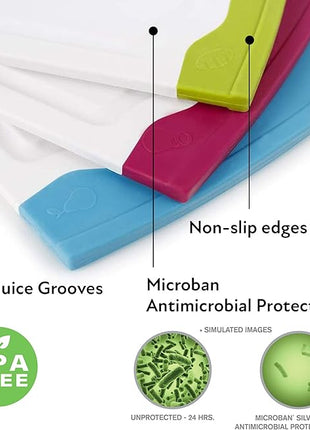 Neoflam 4 Piece Plastic Coded Cutting Board Set plus Organizer with Food Icon, Microban Protection, Extra Large, BPA Free, Juice Groove, Non Slip, Dishwasher Safe, Multicolor