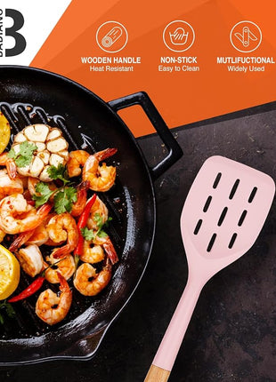 Pack of 2 Silicone Spatula, Non Stick Cooking Utensil Set Wooden Handle Kitchen Turner for Baking Mixing Grilling Serving Food Heat Resistant Non Scratch Hooks Included (Pink)