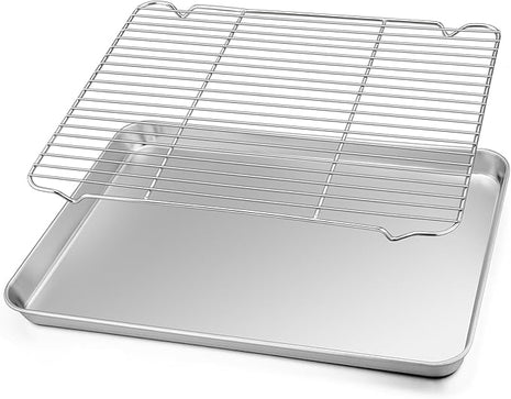 TeamFar Baking Sheet with Rack Set, Stainless Steel Baking Pan Cookie Sheet with Cooling Rack, Size 17.6 x 13 x 1inch, Non Toxic & Heavy Duty, Easy Clean & Dishwasher Safe