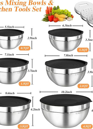 Mixing Bowls with Lids Set, 6 PCS Stainless Steel Mixing Bowls with 3 Grater Attachments, Kitchen Food Storage Organizers Nesting Mixing Bowl, Large Size 4.5, 3.5, 2.1, 1.5, 1.1, 0.7QT-Black