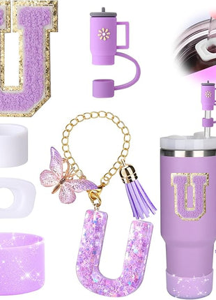 Mity rain 6PCS Cup Accessories Set for Stanley Cup 30oz 40oz tumbler with handle, Including Silicone Straw Topper Cover Cap and Boot, Spill Proof Stopper, Handle Charm, Initials Sticker (Letter U)