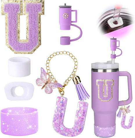 Mity rain 6PCS Cup Accessories Set for Stanley Cup 30oz 40oz tumbler with handle, Including Silicone Straw Topper Cover Cap and Boot, Spill Proof Stopper, Handle Charm, Initials Sticker (Letter U)