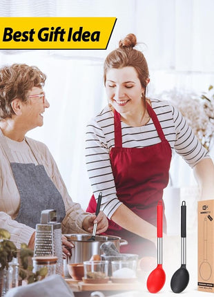 Pack of 2 Large Silicone Cooking Spoon Non Stick Solid Basting Spoons Heat-Resistant Kitchen Utensils for Mixing Serving (Black-Red)