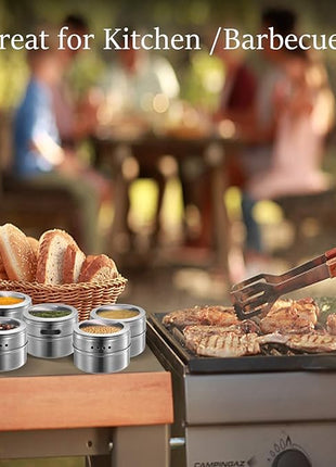 Beeyoka Magnetic Spice Jars,12 Pcs Stainless Steel Spice Tins with Lid and Small Holes for Sprinkle Rust Free Easy to Clean Includes 94 Labeling Stickers