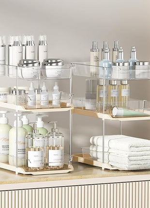 Delamu 2 Pack 3-Tier Bathroom Under Sink Organizers and Storage, Multi-Purpose Stackable Pantry Organization and Storage, Pull Out Clear Kitchen Bathroom Cabinet Organizer with Movable Dividers, Beige