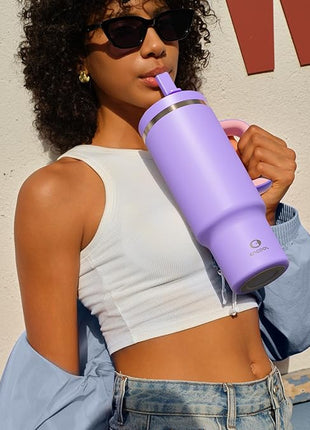 40 oz Tumbler with Handle and Straw: Stainless Steel Insulated Tumbler Keeps Cold for 24 Hours, Leakproof Travel Cup Fits in Cup Holder and BPA-Free, Mauve