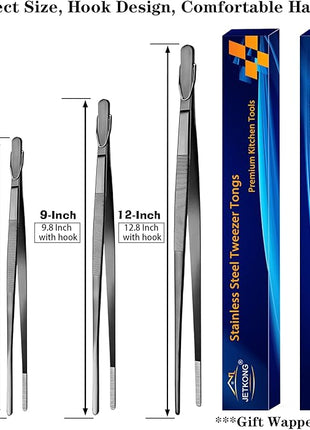 JETKONG Kitchen Tweezers Stainless Steel Food Tweezers Professional Chef Tweezer Kitchen Tools, Set of 3 (7 9 12 Inch, Black)