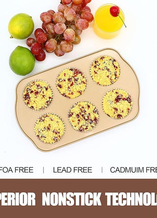 Jumbo Muffin Pan 2 Pack, Nonstick Large Cupcake Pan 6 Cup, Heavy Duty 0.5mm Thick Steel Big Muffin Tins for Baking, 3.5inch Dia, Gold