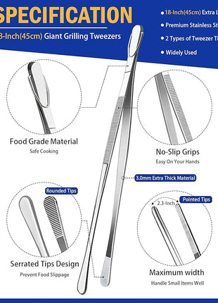 JETKONG 2 Pcs 18 Inch (45cm) Stainless Steel Grill Tongs Heavy Duty Giant Tweezer Tongs, Extra Large Tweezers Tools for Cooking, Grilling, BBQ and Turning Food (Silver)