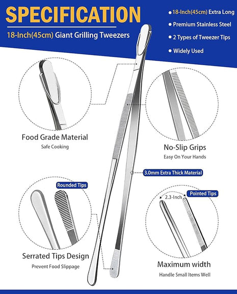 JETKONG 2 Pcs 18 Inch (45cm) Stainless Steel Grill Tongs Heavy Duty Giant Tweezer Tongs, Extra Large Tweezers Tools for Cooking, Grilling, BBQ and Turning Food (Silver)