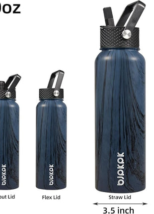 BJPKPK Insulated Water Bottles with Straw Lid, 40oz Stainless Steel Water Bottles with 3 Lids, BPA Free Leakproof Thermo, Tumblers, Cups for Sports- Wood Prussian Blue