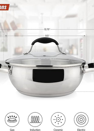 AVACRAFT 18/10 Stainless Steel Everyday Pan, Stir Fry Pan with Five-Ply Base, Chef’s Pan with Glass Lid, Multipurpose Stewpot Skillet, Saute Pan, Casserole in Pots and Pans (9 Inch)