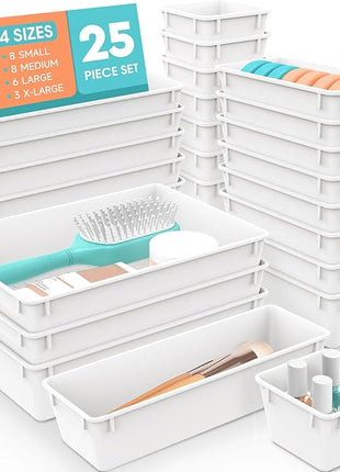 WOWBOX 25 PCS Plastic Drawer Organizer Set, 4 Sizes Desk Drawer Divider Organizers and Storage Bins for Makeup, Jewelry, Gadgets for Kitchen, Bedroom, Bathroom, Office, White